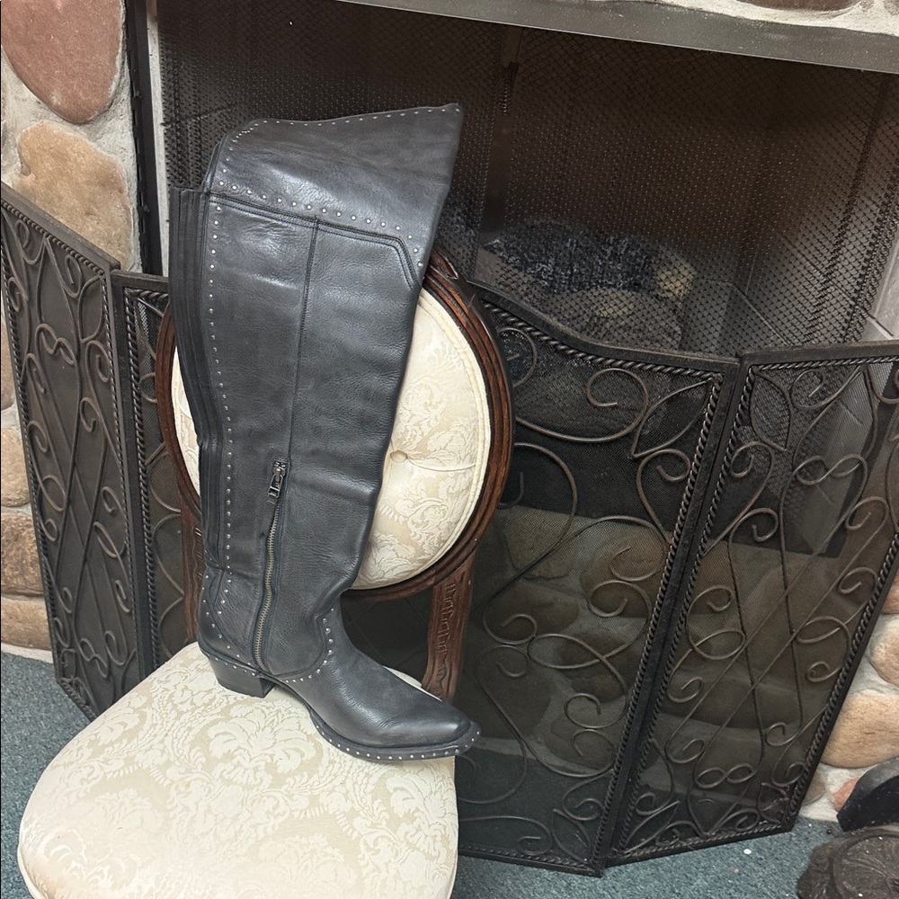 Gray Knee-High Leather Boots